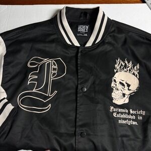 Seven Souls Mens 4XL Paranoid Society Skull Varsity Bomber Jacket Black White